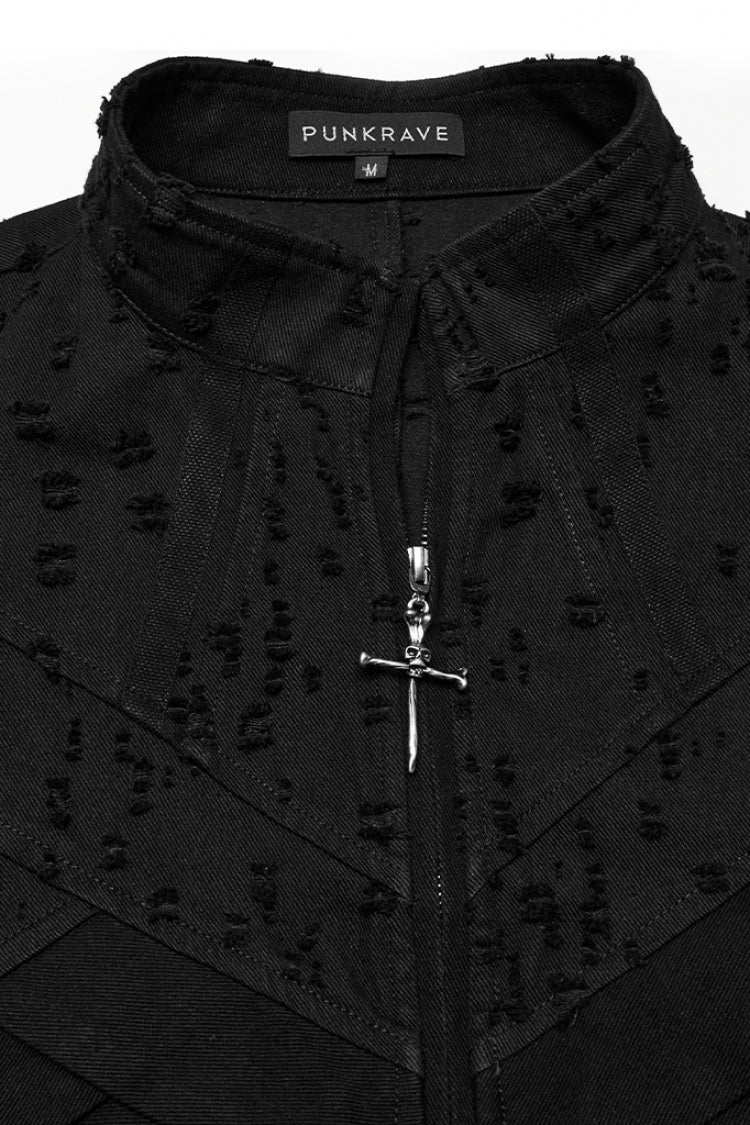 Distressed Cross Embroidery Gothic Long Vest for Men