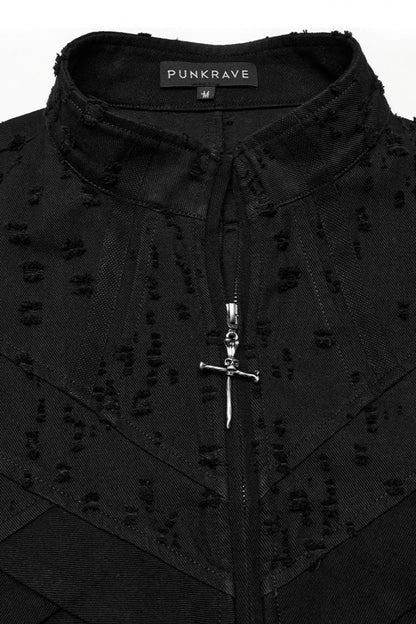 Distressed Cross Embroidery Gothic Long Vest for Men