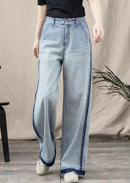 Beautiful Blue Pockets Patchwork Denim Wide Leg Pants Spring TT1027