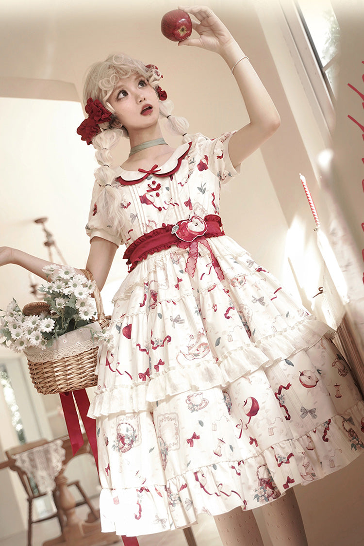 Ivory Apple Tea Print Short-Sleeve Country Ruffle Bow Sweet Lolita Dress Plus Size