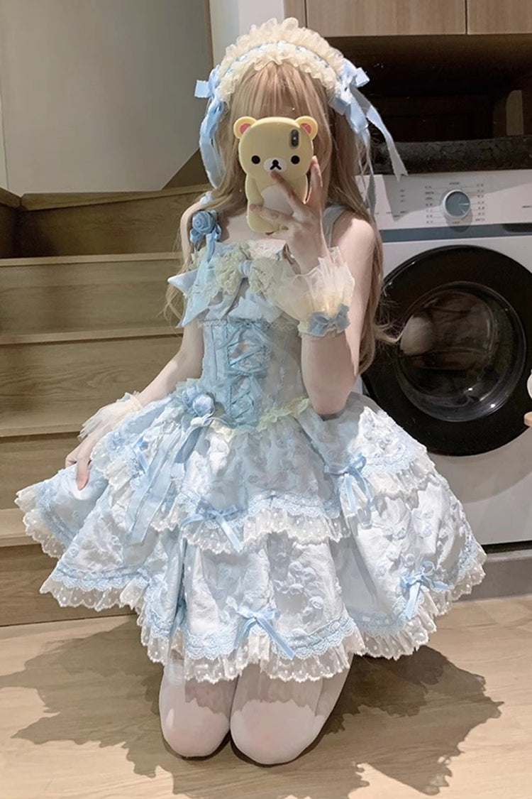 Floral Overture Double Ruffle Embroidery Bow Lace Sweet JSK