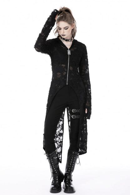 Ebony Long-Sleeve Ripped Zip Punk Long Hooded Coat