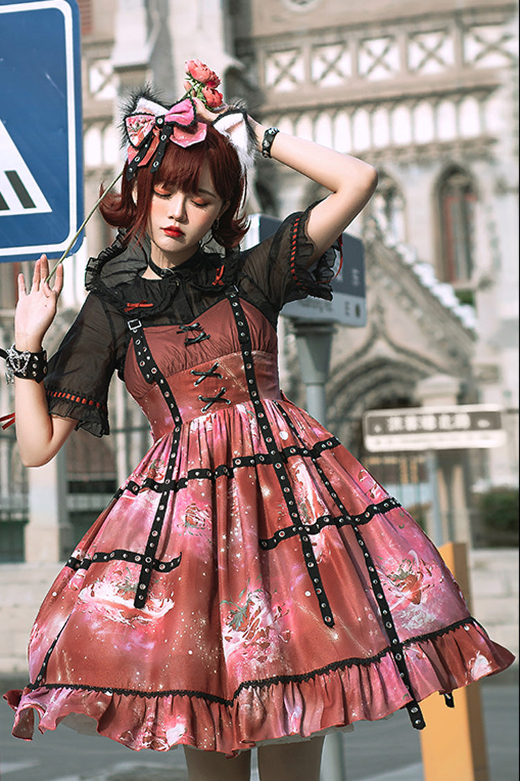 Crimson Sweet Lolita JSK Dress with Strawberry Print and Ruffles