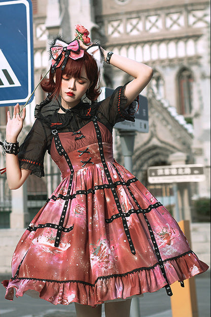 Crimson Sweet Lolita JSK Dress with Strawberry Print and Ruffles
