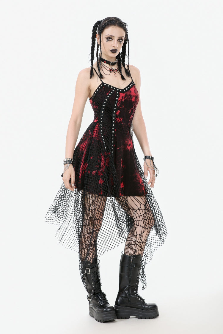 Crimson Punk Slip Dress with Asymmetric Tie-Dye and Mesh Hem