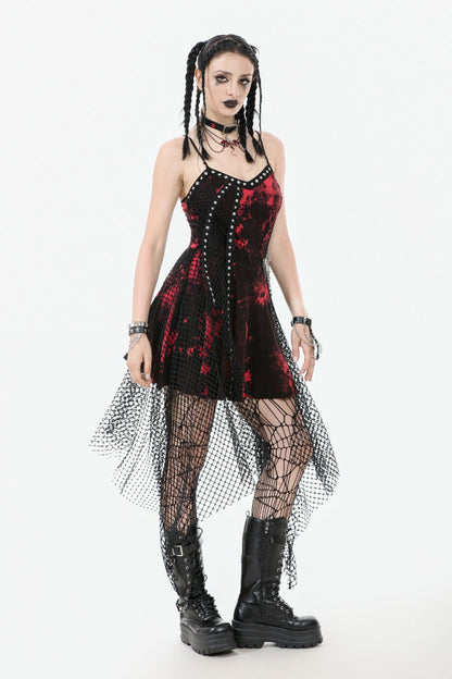 Crimson Punk Slip Dress with Asymmetric Tie-Dye and Mesh Hem
