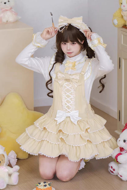 Vintage Cream Puff Sleeveless Triple Ruffle Bow Lace-Up Tiered JSK
