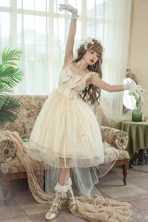 Sweet Lolita JSK Gown with Ruffled Straps, Bow & Sleeveless Design