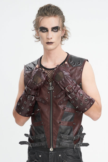 Crimson Punk Half-Finger Gloves with Mesh, Studs, and Buckles