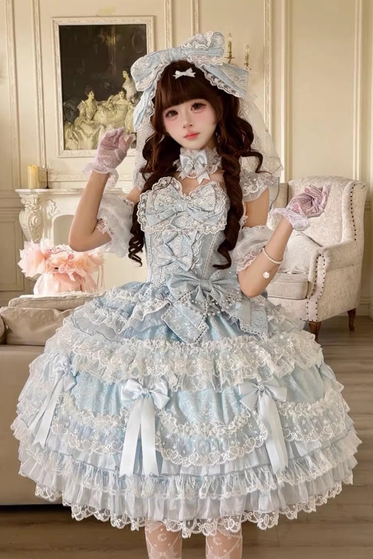 Azure Misty Moon Sleeveless Ruffled Bow Pearl Lace Sweet Princess Lolita Jumper Dress