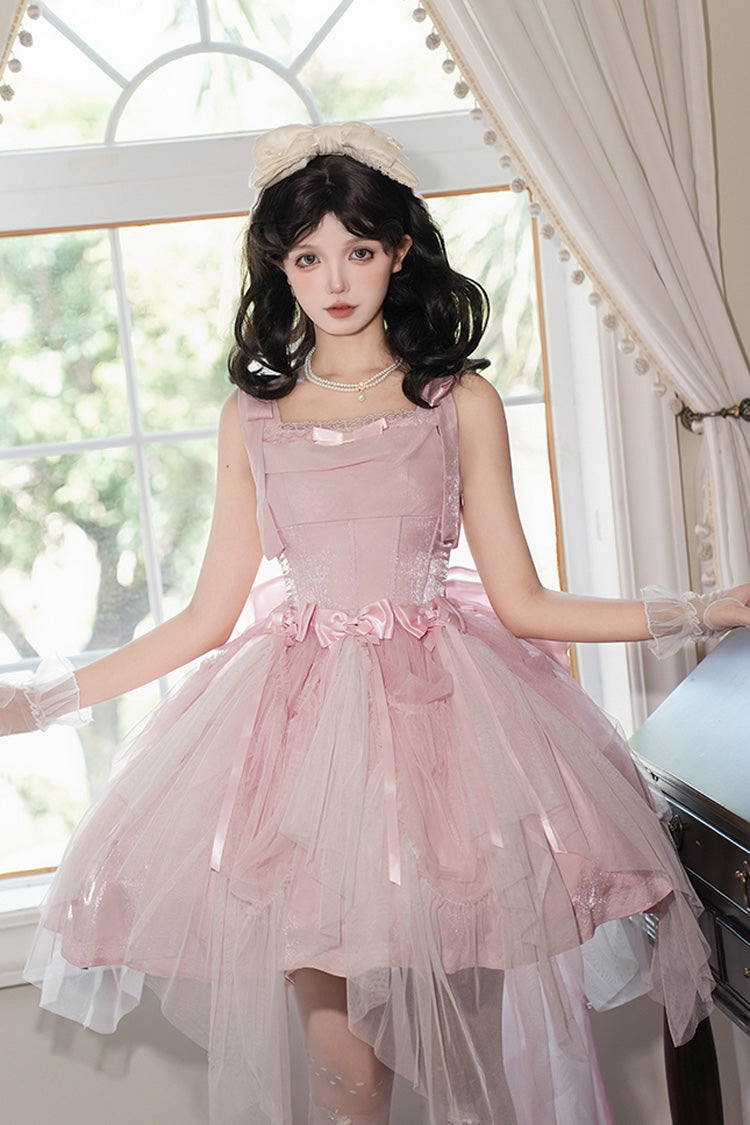 Blush Sleeveless Ruffle Bow Fishbone Sweet JSK - Foamy Sea