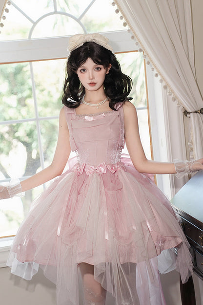 Blush Sleeveless Ruffle Bow Fishbone Sweet JSK - Foamy Sea