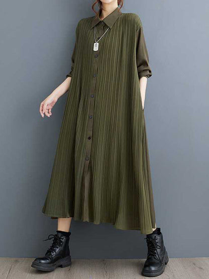 Stylish Army Green Lapel Buttoned Pleated Pockets Long Sleeves Shirt Dress WS001