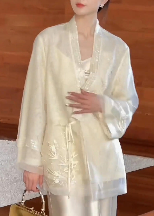 Cardigan Neck V Embroidered Up Lace Vintage Silk Beige Spring