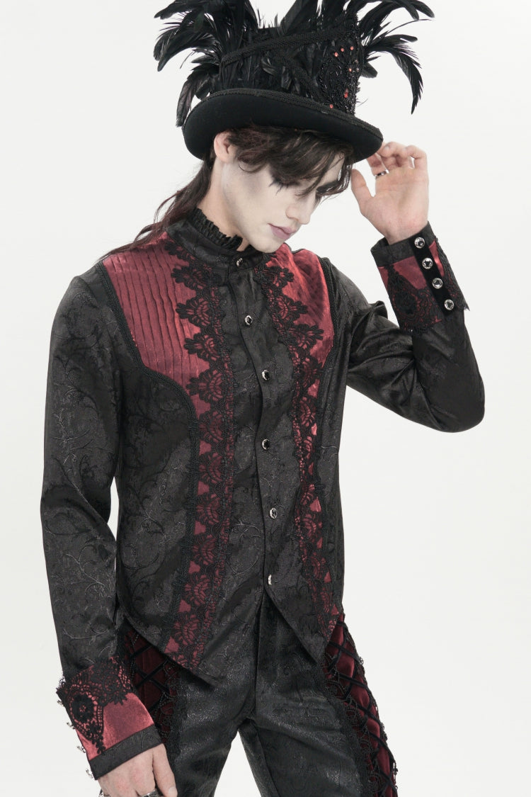 Crimson High-Neck Gothic Palace Shirt with Jacquard and Bow Accents
