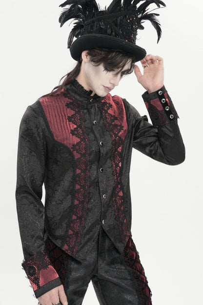 Crimson High-Neck Gothic Palace Shirt with Jacquard and Bow Accents