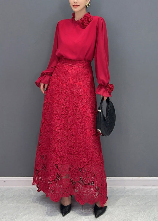 Fine Red Rose Lace Shirts And Maxi Skirts Two Pieces Set Fall AO1033