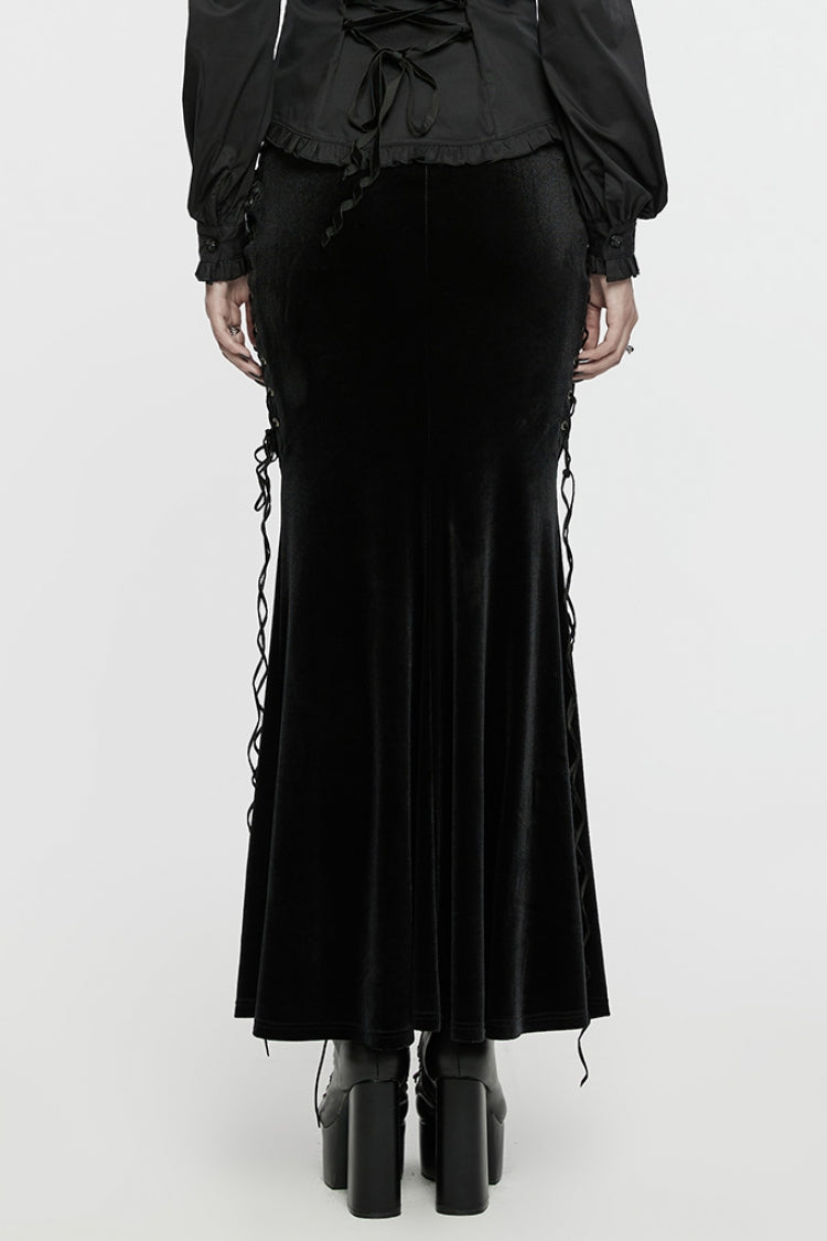 Crimson & Obsidian Ruffle Rose Embroidery Lace-Up Fishtailed Skirt