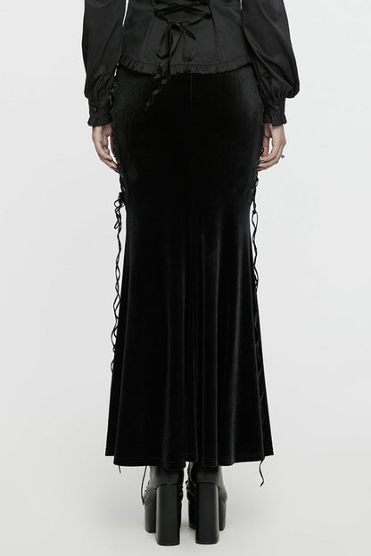 Crimson & Obsidian Ruffle Rose Embroidery Lace-Up Fishtailed Skirt