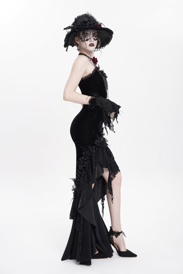 No-Sleeve Ruffled Floral Embroidered Chain Gothic Long Slip Dress