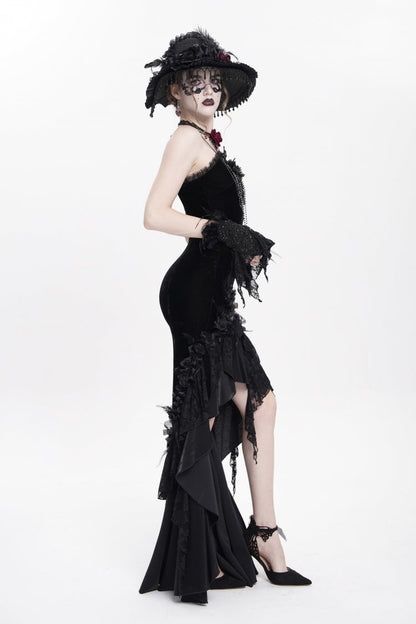 No-Sleeve Ruffled Floral Embroidered Chain Gothic Long Slip Dress