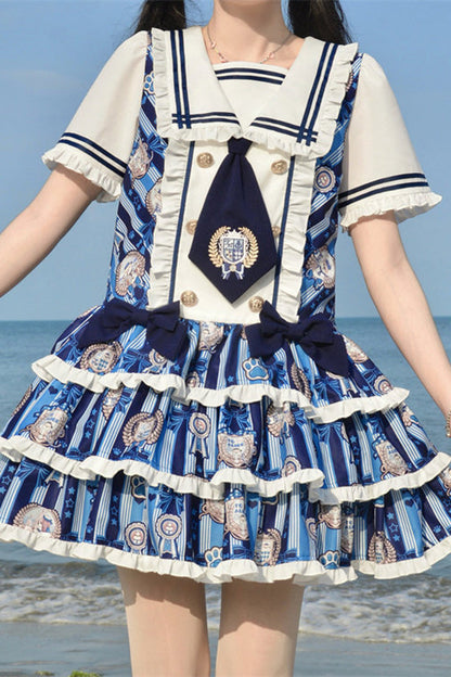 Glory of the Dog Navy Collar Low Waist Printed Ruffle Dress