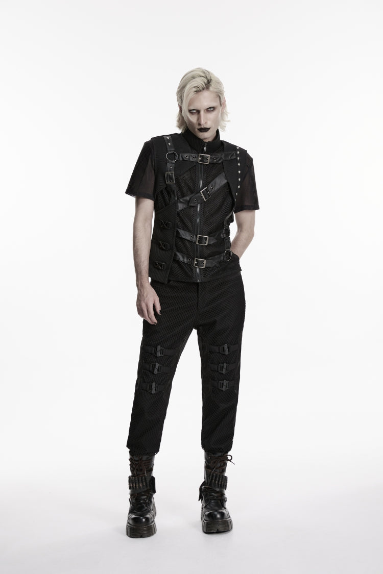 Cool Men's Black Punk Vest, Asymmetric with Studs and Buckles