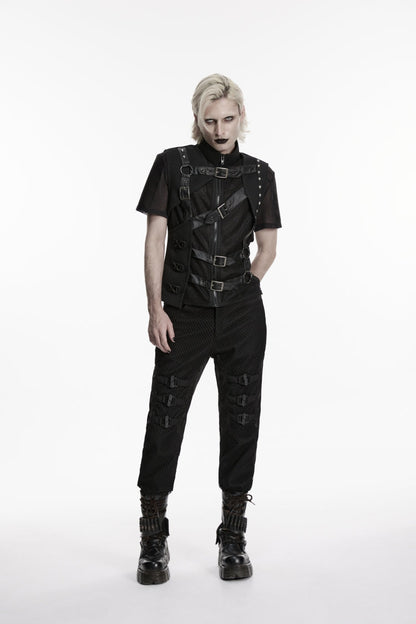Cool Men's Black Punk Vest, Asymmetric with Studs and Buckles