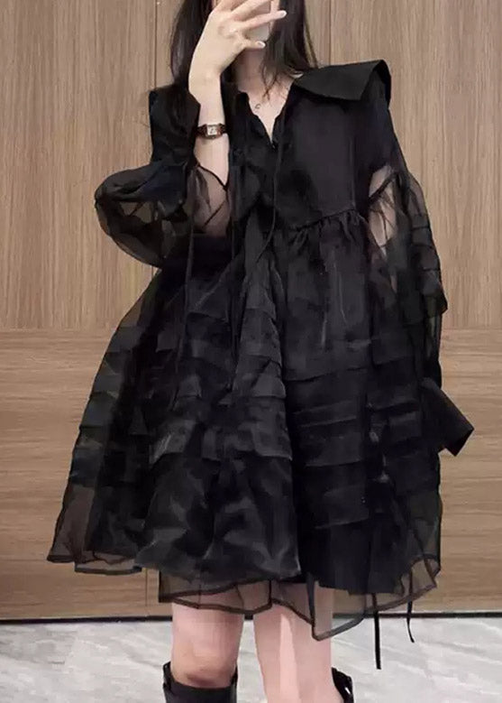 Long Neck Mid V Dresses French Tulle Patchwork Black Sleeve