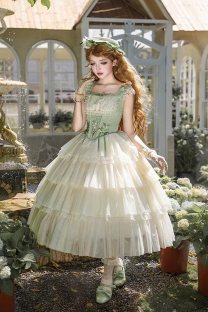 Emerald Letters & Poems Lily Valley Square-Collar Fishbone Embroidered JSK