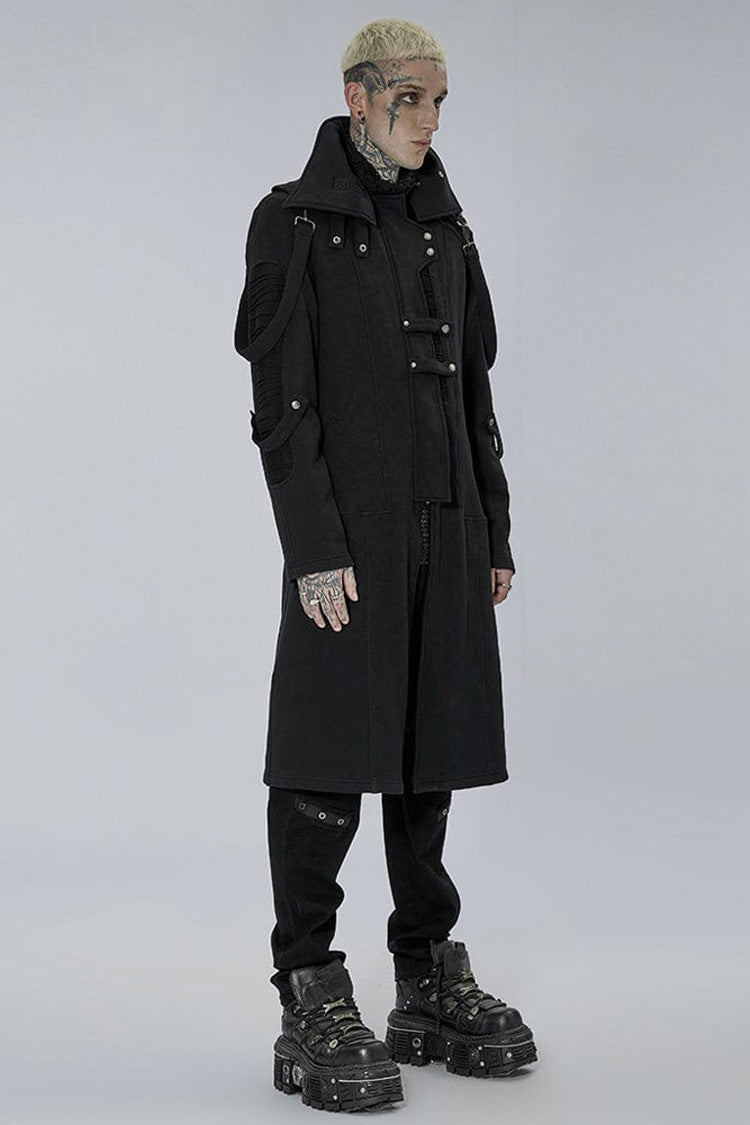 Noir High-Collar Knit Coat with Metal Shoulder Straps