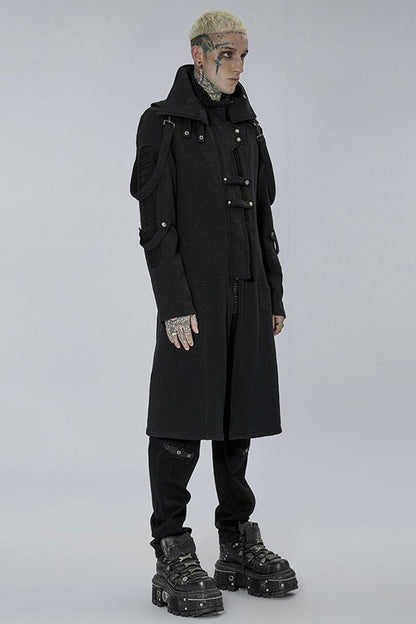 Noir High-Collar Knit Coat with Metal Shoulder Straps