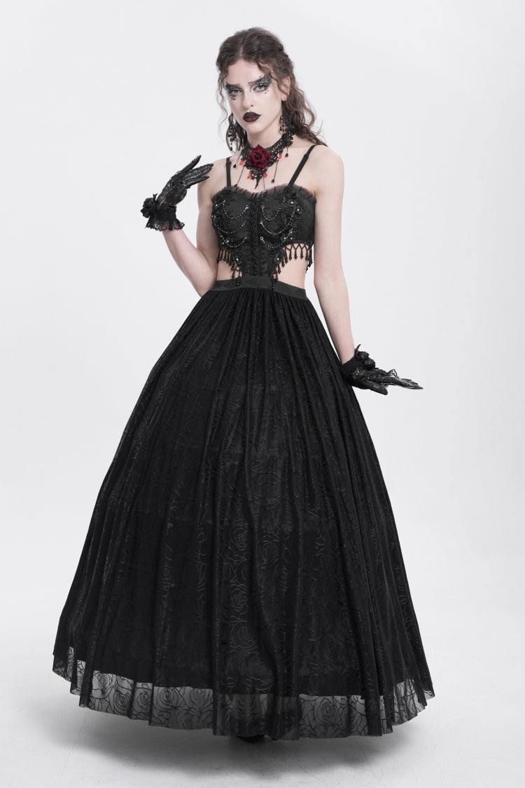 Women's Gothic Party Slip Dress with Floral Embroidery and Lace Ripped in Black Jacquard