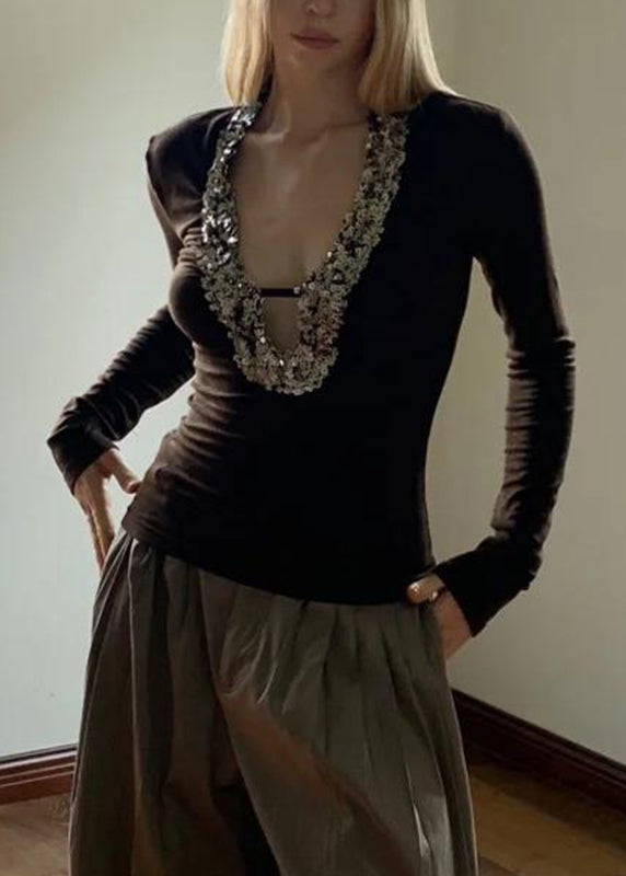 Spring U Neck Boho Coffee Top Sequins Silk