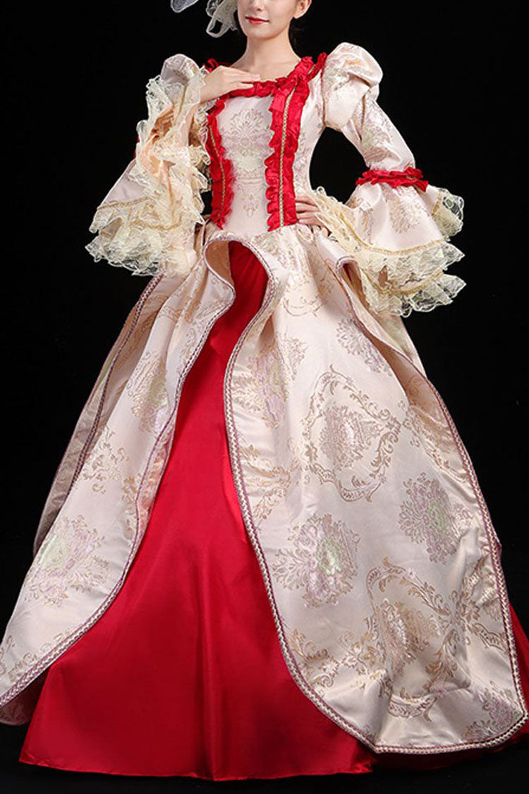 High-Waisted Victorian Prom Dress with Trumpet Sleeves and Floral Embroidery in Wine/Gold - CourtlyElegance