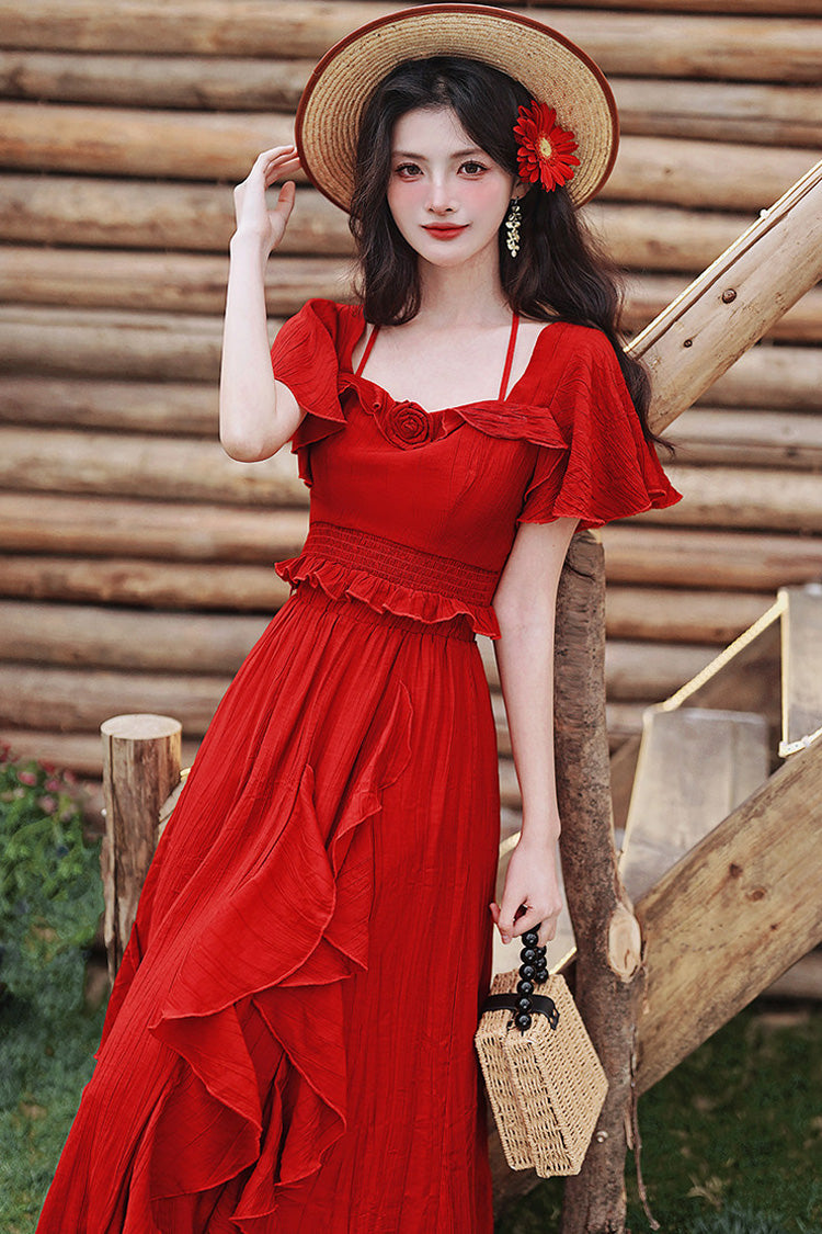 Crimson Halterneck Vintage Lolita Long Skirt Set with Ruffles