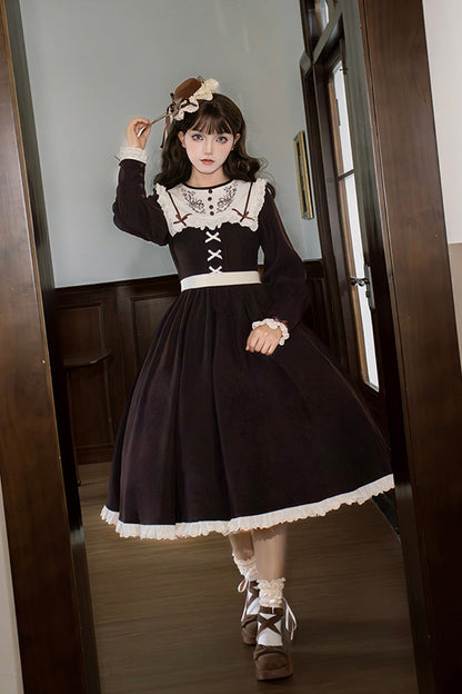 Rustic Brown Embroidered Ruffle Sleeve Sweet Lolita Gown - Miss Brown