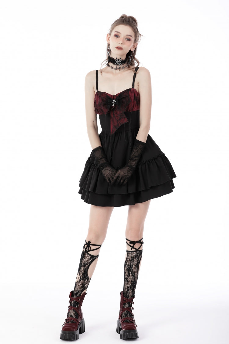 Crimson & Obsidian Sleeveless Bowknot Lace-Up Double-Layered Frilly Gothic Slip Graduation Dress