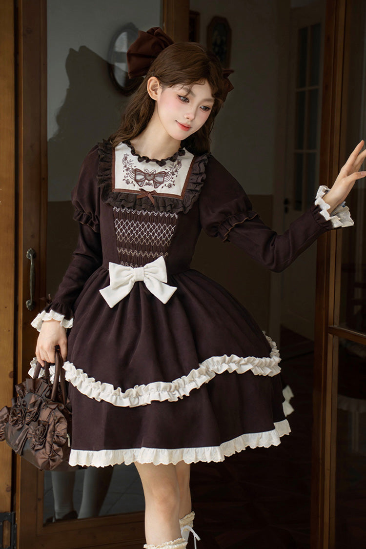 Rustic Brown Double Ruffle Bow Embroidered Sweet Lolita Mini Dress - Miss Brown