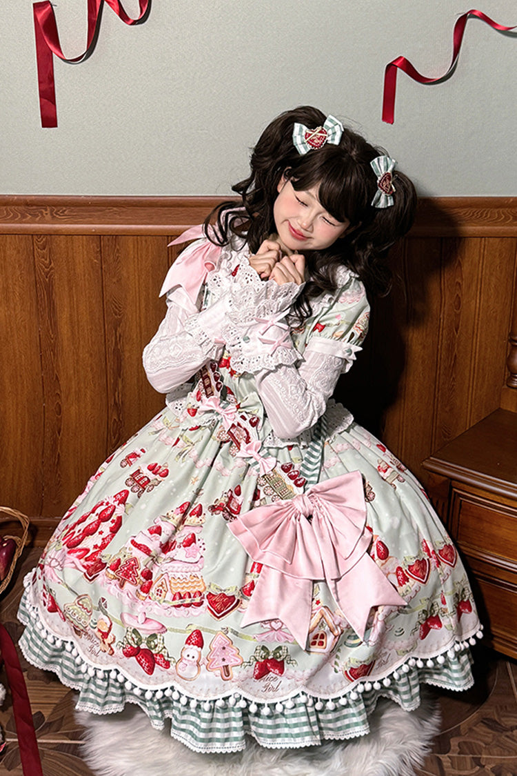 Doll Collar Short Sleeve Print Ruffle Bowknot Sweet Lolita Dress with Strawberry Dessert - 4 Colors