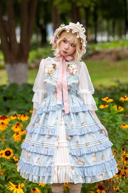 Multi-Layer Ruffle Sweet Elegant Lolita JSK Dress with Rabbit Dance Print - 4 Colors