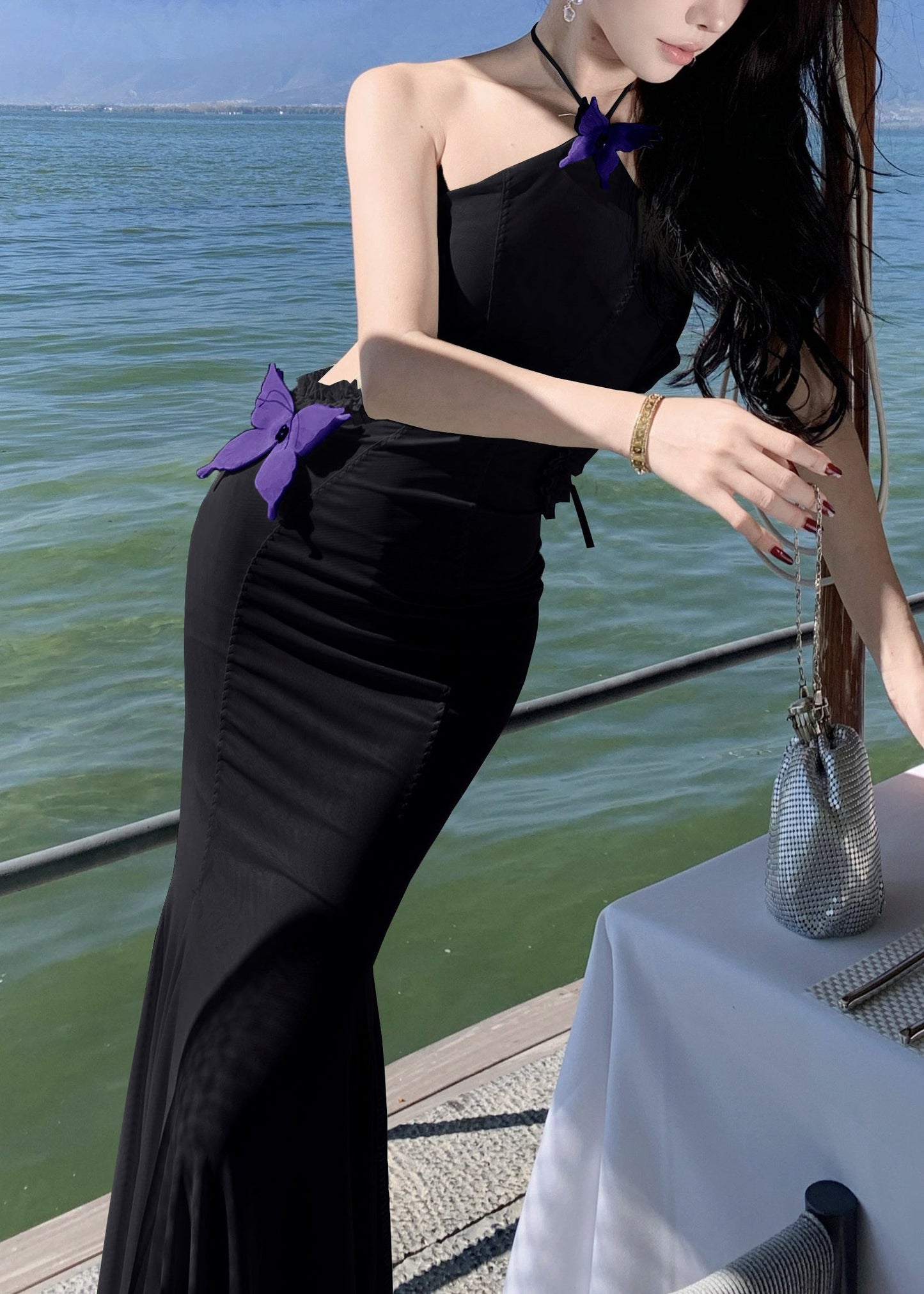 Dresses Long Sleeveless Ruffled Out Tulle Hollow Butterfly Black