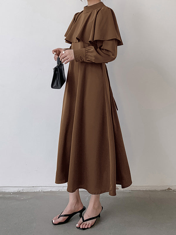 Ruffle Waist Long Mock Tied A-Line Elegant Trim Neck Coffee
