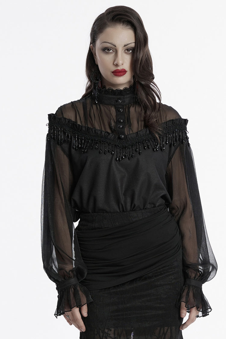 Sheer Mesh Gothic Blouse - Women's Ruffled Long-Sleeve