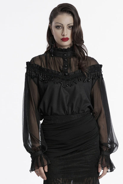 Sheer Mesh Gothic Blouse - Women's Ruffled Long-Sleeve