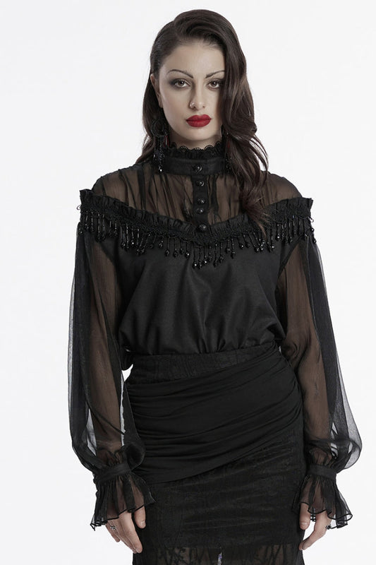 Sheer Mesh Gothic Blouse - Women's Ruffled Long-Sleeve