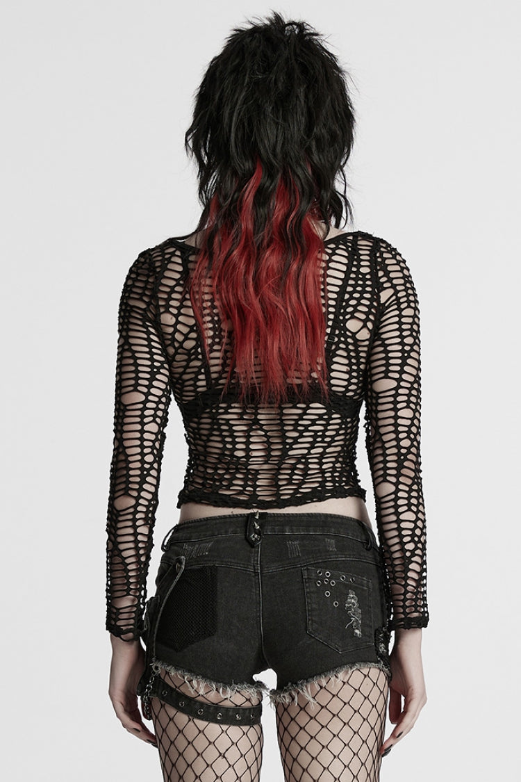 Ripped Punk Sheer Top - Women's Edgy Long-Sleeve