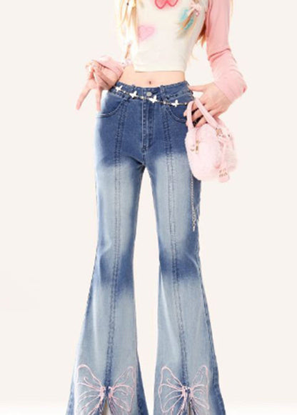 Butterfly Embroidered Style Bottoms Blue Flare Denim Patchwork