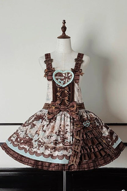 Teddy Bear Chocolate Asymmetric Lolita Strap Dress with Bow - Sleeveless