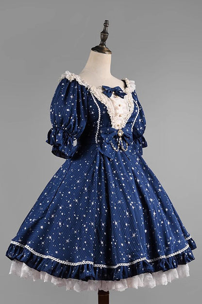 Midsummer Galaxy Star Print Short Sleeve Ruffled Bow Lolita OP Gown